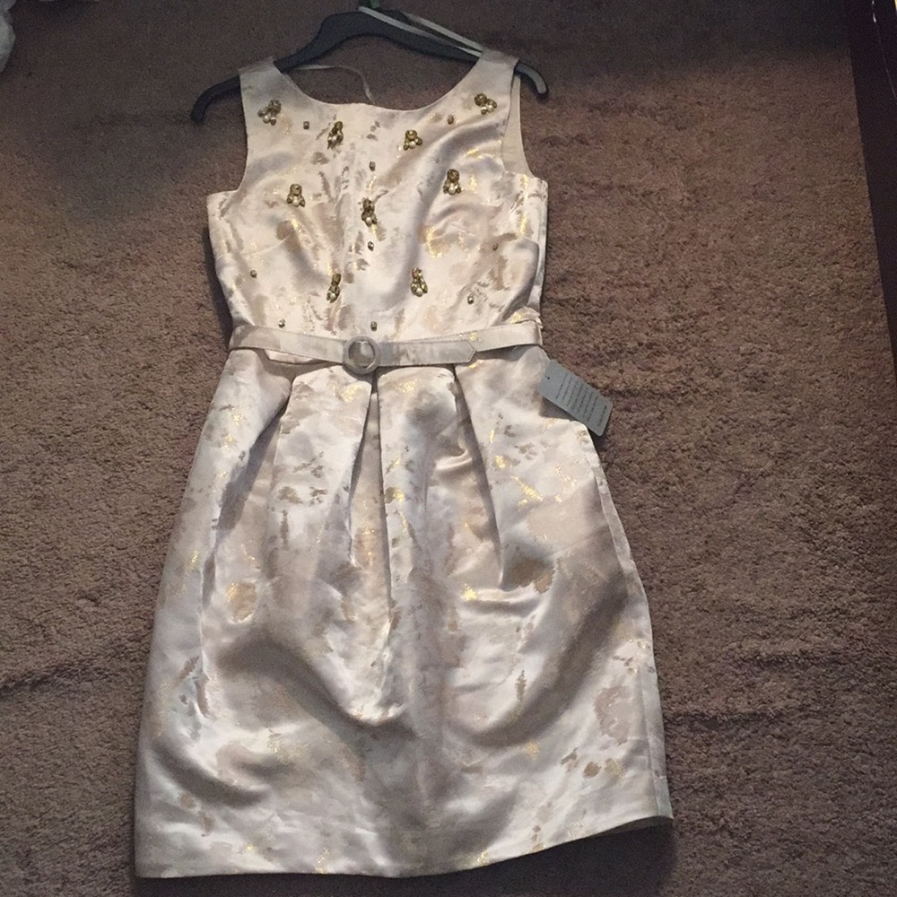 A brand new Creme dress with gold spots